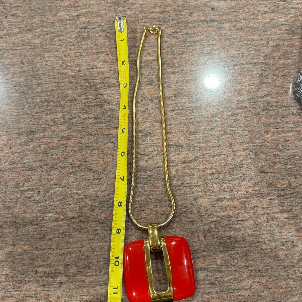 LANVIN Vintage 1970s Gold Plated and Red Pendant Keyhole Necklace w/ Snake Chain - Picture 9 of 10
